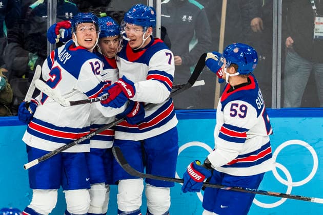 Ice hockey, Eishockey - Milano Cortina 2026 Winter Olympics: Day 14 Matt Boldy, Jack Hughes Brady Tkachuk and Jake Guentzel celebrates scoring a goal during the Men s Playoffs Semi-final match between USA and Slovakia of the Milano Cortina 2026 Winter Olympic Games, Olympische Spiele, Olympia, OS at Milano Santagiulia Ice Hockey Arena on February 20, 2026 in Milan, Italy. Milano Italy  Copyright: xAndrzejxIwanczukx originalFilename:iwanczuk-icehocke260221_npH65.jpg