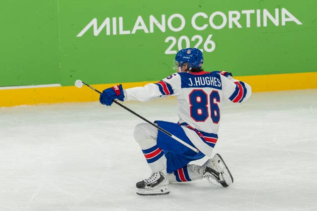 Ice hockey, Eishockey - Milano Cortina 2026 Winter Olympics: Day 14 Jack Hughes celebrates scoring a goal during the Men s Playoffs Semi-final match between USA and Slovakia of the Milano Cortina 2026 Winter Olympic Games, Olympische Spiele, Olympia, OS at Milano Santagiulia Ice Hockey Arena on February 20, 2026 in Milan, Italy. Milano Italy  Copyright: xAndrzejxIwanczukx originalFilename:iwanczuk-icehocke260221_np5I1.jpg