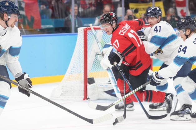 February 20, 2026: Macklin Celebrini (17) of Canada screens Juuse Saros (74) of Finland on the winning goal during the Mens Ice hockey, Eishockey Semifinal game between Canada and Finland held at Milano Santagiulia Ice Hockey Arena during the Milano Cortina 2026 Olympic Games, Olympische Spiele, Olympia, OS in Milan, Italy. MilanoCortina2026 Olympics Milano Cortina 2026: Canada Vs Finland Mens Ice Hockey Semifinals Feb 20  - ZUMAc04_ 20260220_zma_c04_016 Copyright: xDanielxLeax