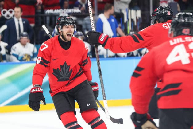 February 20, 2026: Shea Theodore (27) of Canada celebrates scoring the game tying goal during the Mens Ice hockey, Eishockey Semifinal game between Canada and Finland held at Milano Santagiulia Ice Hockey Arena during the Milano Cortina 2026 Olympic Games, Olympische Spiele, Olympia, OS in Milan, Italy. MilanoCortina2026 Olympics Milano Cortina 2026: Canada Vs Finland Mens Ice Hockey Semifinals Feb 20  - ZUMAc04_ 20260220_zma_c04_028 Copyright: xDanielxLeax