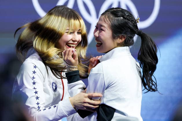 February 19, 2026, Milan, Italy: Alysa Liu of United States of America celebrates with Ami Nakai of Japan during the Figure skating, Eiskunstlauf Women Single Skating - Free Skating of the Milano Cortina 2026 Winter Olympics at Milano Ice Skating Arena. Milan Italy - ZUMAs197 20260219_aaa_s197_780 Copyright: xFabrizioxCarabellix
