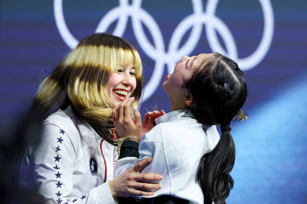 February 19, 2026, Milan, Italy: Alysa Liu of United States of America celebrates with Ami Nakai of Japan during the Figure skating, Eiskunstlauf Women Single Skating - Free Skating of the Milano Cortina 2026 Winter Olympics at Milano Ice Skating Arena. Milan Italy - ZUMAs197 20260219_aaa_s197_801 Copyright: xFabrizioxCarabellix