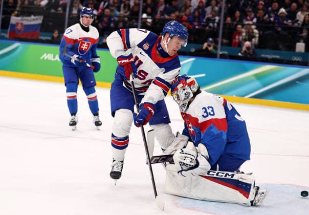(260221) -- MILAN, Feb. 21, 2026 -- Brady Tkachuk (C) of the United States shoots to score during the Ice hockey, Eishockey men s play-offs semifinal match between the United States and Slovakia at the Milan-Cortina 2026 Olympic Winter games, Winterspiele,Spiele, Summer games in Milan, Italy, Feb. 20, 2026. ) (MICO2026)ITALY-MILAN-OLYMPIC WINTER GAMES-ICE HOCKEY-MEN-PLAY-OFFS SEMIFINALS-USA VS SVK WangxKaiyan 