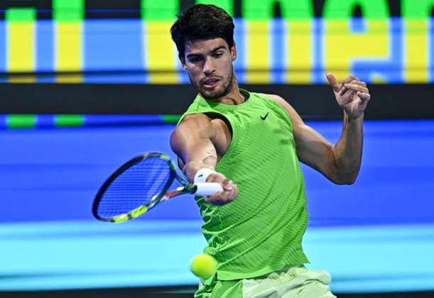 ATP, Tennis Herren Qatar Exxonmobil Open-semi-final Carlos Alcaraz of Spain competes against Andrey Rublev of Russia in the semi-final at the ATP men s Qatar ExxonMobil Open 2026 tennis tournament at the Khalifa International Tennis Complex in Doha, Qatar, on February 20, 2026. DOHA Qatar Copyright: xNOUSHADx