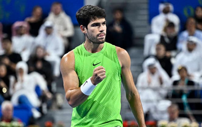 ATP, Tennis Herren Qatar Exxonmobil Open-semi-final Carlos Alcaraz of Spain competes against Andrey Rublev of Russia in the semi-final at the ATP men s Qatar ExxonMobil Open 2026 tennis tournament at the Khalifa International Tennis Complex in Doha, Qatar, on February 20, 2026. DOHA Qatar Copyright: xNOUSHADx