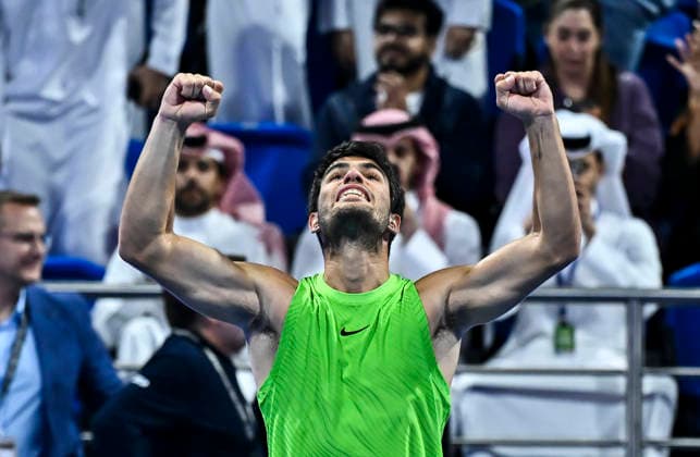 ATP, Tennis Herren Qatar Exxonmobil Open-semi-final Carlos Alcaraz of Spain celebrates after winning against Andrey Rublev of Russia in the semi-final at the ATP men s Qatar ExxonMobil Open 2026 tennis tournament at the Khalifa International Tennis Complex in Doha, Qatar, on February 20, 2026. DOHA Qatar Copyright: xNOUSHADx