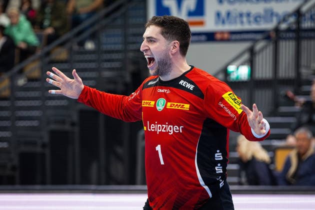 20.02.2026, xovx, Handball Daikin Handball Bundesliga, HSG Wetzlar - SC DHfK Leipzig Jubel bei Domenico Ebner (SC DHfK Leipzig). Wetzlar Buderus-Arena Hessen Deutschland (DE)