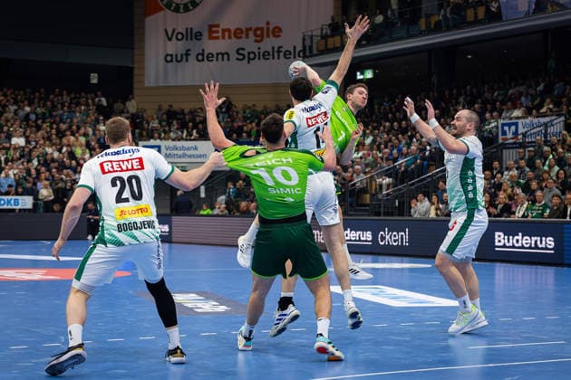 20.02.2026, xovx, Handball Daikin Handball Bundesliga, HSG Wetzlar - SC DHfK Leipzig v.l. William Bogojevic (SC DHfK Leipzig), Josip Simic (HSG Wetzlar), Marko Mamic (SC DHfK Leipzig), Dominik Mappes (HSG Wetzlar), Moritz Preuss (SC DHfK Leipzig) Wetzlar Buderus-Arena Hessen Deutschland (DE)