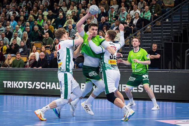 20.02.2026, xovx, Handball Daikin Handball Bundesliga, HSG Wetzlar - SC DHfK Leipzig v.l. Tim Hertzfeld (SC DHfK Leipzig), Filip Vistorop (HSG Wetzlar), Franz Semper (SC DHfK Leipzig), Dominik Mappes (HSG Wetzlar) Wetzlar Buderus-Arena Hessen Deutschland (DE)