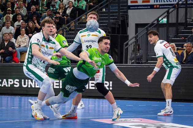 20.02.2026, xovx, Handball Daikin Handball Bundesliga, HSG Wetzlar - SC DHfK Leipzig v.l. Tim Hertzfeld (SC DHfK Leipzig), Dominik Mappes (HSG Wetzlar), Franz Semper (SC DHfK Leipzig), Filip Vistorop (HSG Wetzlar), Lucas Krzikalla (SC DHfK Leipzig) Wetzlar Buderus-Arena Hessen Deutschland (DE)