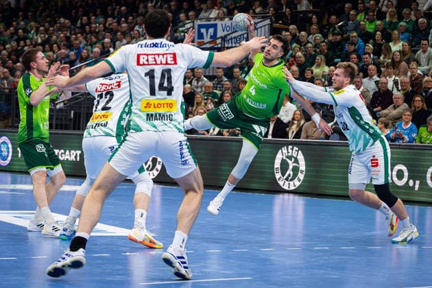20.02.2026, xovx, Handball Daikin Handball Bundesliga, HSG Wetzlar - SC DHfK Leipzig v.l. Dominik Mappes (HSG Wetzlar), Tim Hertzfeld (SC DHfK Leipzig), Marko Mamic (SC DHfK Leipzig), Filip Vistorop (HSG Wetzlar), Franz Semper (SC DHfK Leipzig) Wetzlar Buderus-Arena Hessen Deutschland (DE)