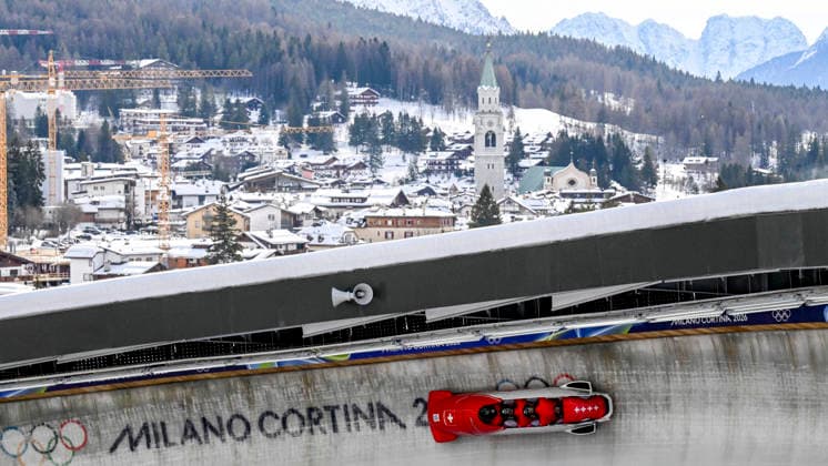 OLYMPICS - Winter Olympic Games, Olympische Spiele, Olympia, OS Milano Cortina 2026 CORTINA D AMPEZZO,ITALY,21.FEB.26 - OLYMPICS, BOBSLEIGH - Winter Olympic Games Milano Cortina 2026, 4-man, heat 1 and 2, men. Image shows Timo Rohner, Pascal Moser, Mathieu Hersperger and Cyril Bieri (SUI).  GEPAxpictures xAlexanderxSolc