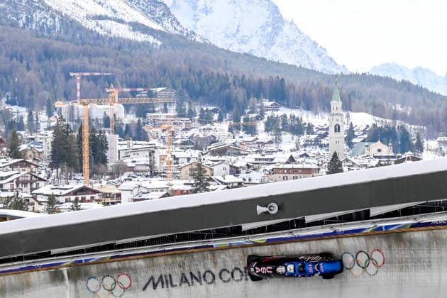 OLYMPICS - Winter Olympic Games, Olympische Spiele, Olympia, OS Milano Cortina 2026 CORTINA D AMPEZZO,ITALY,21.FEB.26 - OLYMPICS, BOBSLEIGH - Winter Olympic Games Milano Cortina 2026, 4-man, heat 1 and 2, men. Image shows Kristopher Horn, Caleb Furnell, Hunter Powell and Carsten Vissering (USA).  GEPAxpictures xAlexanderxSolc