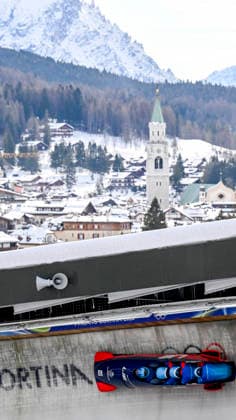 OLYMPICS - Winter Olympic Games, Olympische Spiele, Olympia, OS Milano Cortina 2026 CORTINA D AMPEZZO,ITALY,21.FEB.26 - OLYMPICS, BOBSLEIGH - Winter Olympic Games Milano Cortina 2026, 4-man, heat 1 and 2, men. Image shows Martin Kranz, Mauro Buehler, Lorenz Lenherr and David Tschofen (LIE).  GEPAxpictures xAlexanderxSolc