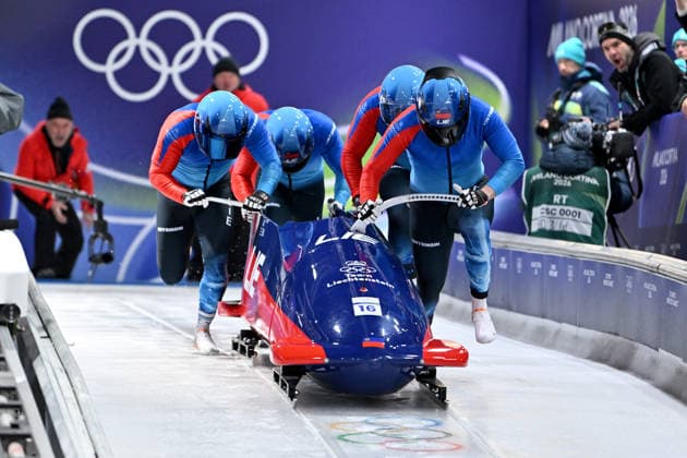 Cortina d Ampezzo, Italy, February 21th 2026. Kranz Martin, Mauro Buehler, Lorenz Lenherr, David Tschofen of Liechtenstein in action during the Bobsleight 4-man Heat 1 race of the Olympic Winter games, Winterspiele,Spiele, Summer games 2026 in Cortina d Ampezzo, Italy. (Photo by Igor Kupljenik Sports Press Photo)  Copyright: xIgorxKupljenikx xSPPx Sportspressphoto_SPR95339