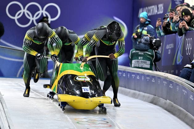 Cortina d Ampezzo, Italy, February 21th 2026. Shane Pitter, Junior Harris, Tyquendo Tracey, Joel Fearon of Jamaica in action during the Bobsleight 4-man Heat 1 race of the Olympic Winter games, Winterspiele,Spiele, Summer games 2026 in Cortina d Ampezzo, Italy. (Photo by Igor Kupljenik Sports Press Photo)  Copyright: xIgorxKupljenikx xSPPx Sportspressphoto_SPR95341