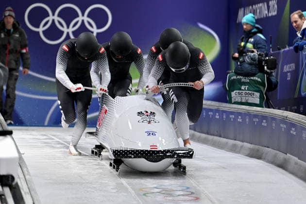Cortina d Ampezzo, Italy, February 21th 2026. Jakob Mandlbauer, Daniel Bertschler, Sebastian Mitterer, Daiyehan in action during the Bobsleight 4-man Heat 1 race of the Olympic Winter games, Winterspiele,Spiele, Summer games 2026 in Cortina d Ampezzo, Italy. (Photo by Igor Kupljenik Sports Press Photo)  Copyright: xIgorxKupljenikx xSPPx Sportspressphoto_SPR95347