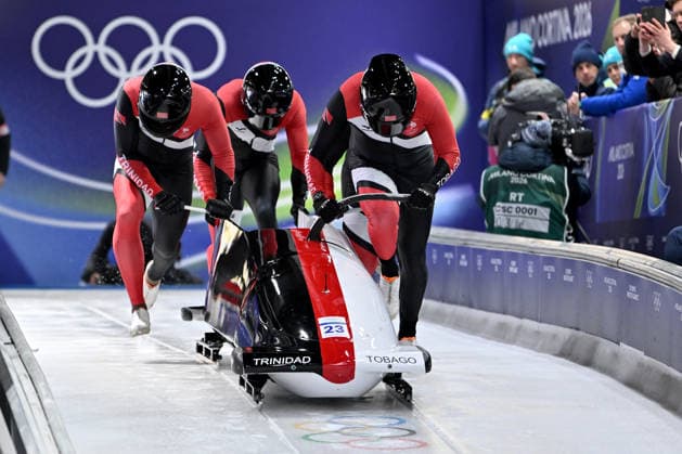 Cortina d Ampezzo, Italy, February 21th 2026. Axel Brown, De Aundre John, Shakeel John, Xaverri Williams of Trinidad in action during the Bobsleight 4-man Heat 1 race of the Olympic Winter games, Winterspiele,Spiele, Summer games 2026 in Cortina d Ampezzo, Italy. (Photo by Igor Kupljenik Sports Press Photo)  Copyright: xIgorxKupljenikx xSPPx Sportspressphoto_SPR95348