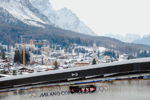 OLYMPICS - Winter Olympic Games, Olympische Spiele, Olympia, OS Milano Cortina 2026 CORTINA D AMPEZZO,ITALY,21.FEB.26 - OLYMPICS, BOBSLEIGH - Winter Olympic Games Milano Cortina 2026, 4-man, heat 1 and 2, men. Image shows Taylor Austin (CAN), Keaton Bruggelling (CAN), Mike Evelyn (CAN) and Shaquille Murray-Lawrence (CAN).  GEPAxpictures xAlexanderxSolc