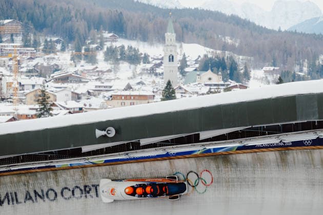 OLYMPICS - Winter Olympic Games, Olympische Spiele, Olympia, OS Milano Cortina 2026 CORTINA D AMPEZZO,ITALY,21.FEB.26 - OLYMPICS, BOBSLEIGH - Winter Olympic Games Milano Cortina 2026, 4-man, heat 1 and 2, men. Image shows Dave Wesselink (NED), Janko Franjic (NED), Jelen Franjic (NED) and Timme Koster (NED).  GEPAxpictures xAlexanderxSolc