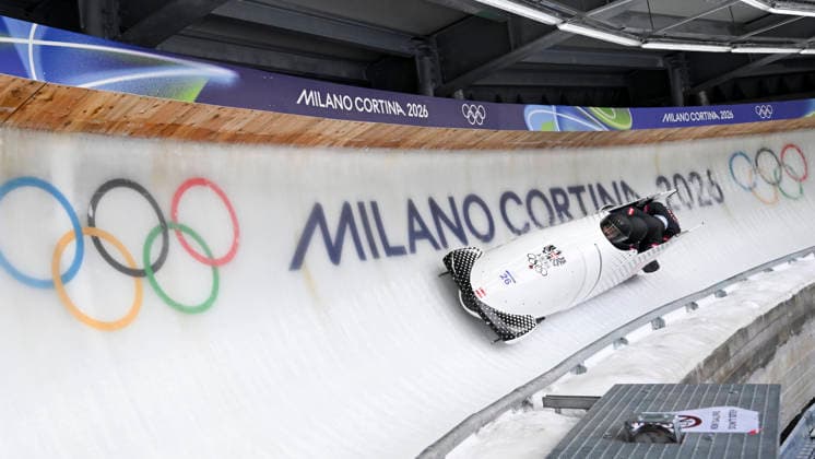 OLYMPICS - Winter Olympic Games, Olympische Spiele, Olympia, OS Milano Cortina 2026 CORTINA D AMPEZZO,ITALY,21.FEB.26 - OLYMPICS, BOBSLEIGH - Winter Olympic Games Milano Cortina 2026, 4-man, heat 1 and 2, men. Image shows Jakob Mandlbauer, Daniel Bertschler, Sebastian Mitterer and Daiyehan Nichols-Bardi (AUT).  GEPAxpictures xAlexanderxSolc