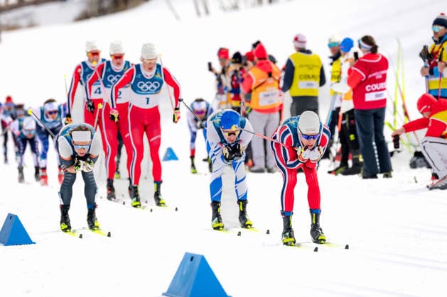 OLYMPICS - Winter Olympic Games, Olympische Spiele, Olympia, OS Milano Cortina 2026 TESERO,ITALY,21.FEB.26 - OLYMPICS, NORDIC SKIING, NORDIC COMBINED, CROSS COUNTRY - Winter Olympic Games Milano Cortina 2026, 50km, mass start, classic, men. Image shows Martin Loewstroem Nyenget (NOR), Iivo Niskanen (FIN), Savelii Korostelev (AIN), Johannes Hoesflot Klaebo, Harald Oestberg Amundsen and Emil Iversen (NOR).  GEPAxpictures xMatthiasxTrinkl