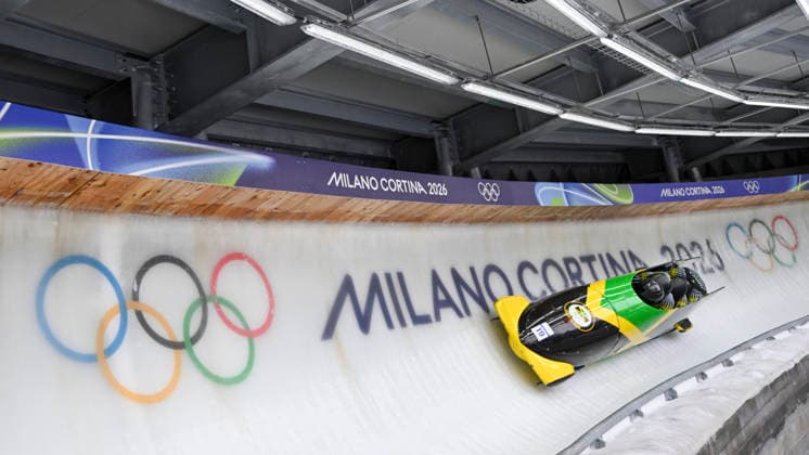 OLYMPICS - Winter Olympic Games, Olympische Spiele, Olympia, OS Milano Cortina 2026 CORTINA D AMPEZZO,ITALY,21.FEB.26 - OLYMPICS, BOBSLEIGH - Winter Olympic Games Milano Cortina 2026, 4-man, heat 1 and 2, men. Image shows Shane Pitter, Junior Harris, Tyquendo Tracey and Joel Fearon (JAM).  GEPAxpictures xAlexanderxSolc