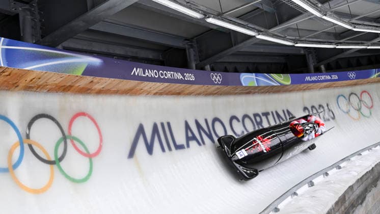 OLYMPICS - Winter Olympic Games, Olympische Spiele, Olympia, OS Milano Cortina 2026 CORTINA D AMPEZZO,ITALY,21.FEB.26 - OLYMPICS, BOBSLEIGH - Winter Olympic Games Milano Cortina 2026, 4-man, heat 1 and 2, men. Image shows Jay Dearborn, Yohan Eskrick-Parkinson, Luka Stoikos and Mark Zanette (CAN).  GEPAxpictures xAlexanderxSolc