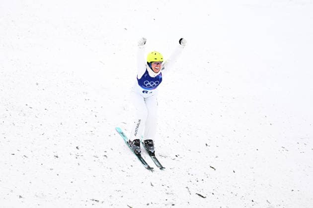 2026 WINTER Olympic Games, Olympische Spiele, Olympia, OS Danielle Scott of Australia reacts after landing her first jump during the Mixed Team Aerials finals at the Livigno Aerials and Moguls Park on day 15 of the 2026 Milano Cortina Winter Olympic Games in Livigno, Italy, Saturday, February 21, 2026. ( NO ARCHIVING, EDITORIAL USE ONLY LIVIGNO SONDRIO ITALY  Copyright: xDANxHIMBRECHTSx 20260221123521289480