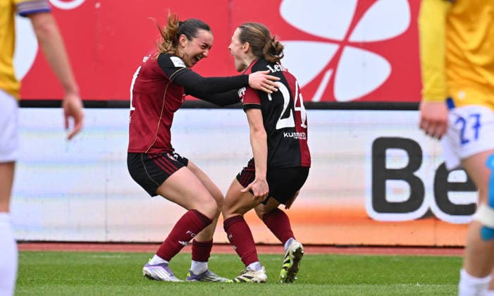 21.02.2026 - Fussball - Saison 2025 2026 - 1. Google Pixel Frauen Bundesliga - 19. Spieltag: 1. FC Nürnberg FCN ( Club Clubfrauen ) - FC Carl Zeiss Jena - Sportfoto Zink - xwoxzix - Torjubel Jubel Freude nach Treffer Tor Torschuß zum 4:0 durch Nastassja Lein (24, 1. FC Nürnberg FCN ) - Lara Meroni (11, 1. FC Nürnberg FCN ) Nastassja Lein (24, 1. FC Nürnberg FCN )