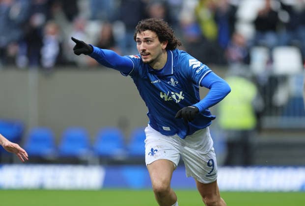 21.02.2026, Fussball 2. Bundesliga, SV Darmstadt 98 - Fortuna Düsseldorf, emonline, emspor, despor, v.l., Torjubel zum 1:0 durch Fraser Hornby (SV Darmstadt 98), Goal celebration, celebrate the goal DFL DFB REGULATIONS PROHIBIT ANY USE OF PHOTOGRAPHS AS IMAGE SEQUENCES AND OR QUASI-VIDEO. xdcx