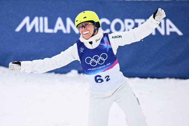 2026 WINTER Olympic Games, Olympische Spiele, Olympia, OS Danielle Scott of Australia reacts after landing her first jump during the Mixed Team Aerials finals at the Livigno Aerials and Moguls Park on day 15 of the 2026 Milano Cortina Winter Olympic Games in Livigno, Italy, Saturday, February 21, 2026. ( NO ARCHIVING, EDITORIAL USE ONLY LIVIGNO SONDRIO ITALY  Copyright: xDANxHIMBRECHTSx 20260221146362221261
