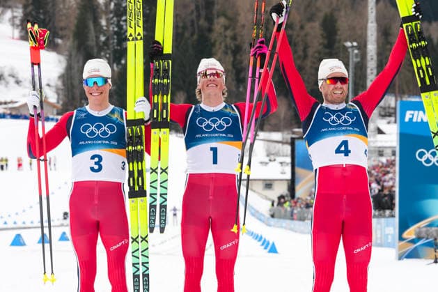 Winter Olympics in Milan Cortina 2026 Val di Fiemme, Italy 20260221. Martin Lowstrom Nyenget, Johannes Hosflot Klaebo and Emil Iversen from Norway after cross-country skiing 50 km Classic Men Tesero CC-Stadium during the Winter Olympics in Milan Cortina 2026. Photo: Lise Aserud NTB Val di Fiemme Italy EDITORIAL USE ONLY. RESTRICTED USE FOR BETTING COMPANIES Ref:_SPOfskqDk_VIc8.jpg *** Winter Olympics in Milan Cortina 2026 Val di Fiemme, Italy 20260221 Martin Lowstrom Nyenget, Johannes Hosflot Klaebo and Emil Iversen from Norway after cross country skiing 50 km Classic Men Tesero CC Stadium during the Winter Olympics in Milan Cortina 2026 Photo Lise Aserud NTB Val di Fiemme Italy EDITORIAL USE ONLY RESTRICTED USE FOR BETTING COMPANIES  Copyright: xLisexAserudxx xNTBx