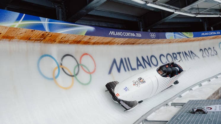 OLYMPICS - Winter Olympic Games, Olympische Spiele, Olympia, OS Milano Cortina 2026 CORTINA D AMPEZZO,ITALY,21.FEB.26 - OLYMPICS, BOBSLEIGH - Winter Olympic Games Milano Cortina 2026, 4-man, heat 1 and 2, men. Image shows Jakob Mandlbauer (AUT), Daniel Bertschler (AUT), Sebastian Mitterer (AUT) and Daiyehan Nichols-Bardi (AUT).  GEPAxpictures xAlexanderxSolc