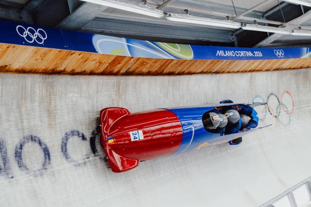 OLYMPICS - Winter Olympic Games, Olympische Spiele, Olympia, OS Milano Cortina 2026 CORTINA D AMPEZZO,ITALY,21.FEB.26 - OLYMPICS, BOBSLEIGH - Winter Olympic Games Milano Cortina 2026, 4-man, heat 1 and 2, men. Image shows Mihai Cristian Tentea (ROU), Mihai Daniel Pacioianu (ROU), George Iordache (ROU) and Constantin Dinescu (ROU).  GEPAxpictures xAlexanderxSolc