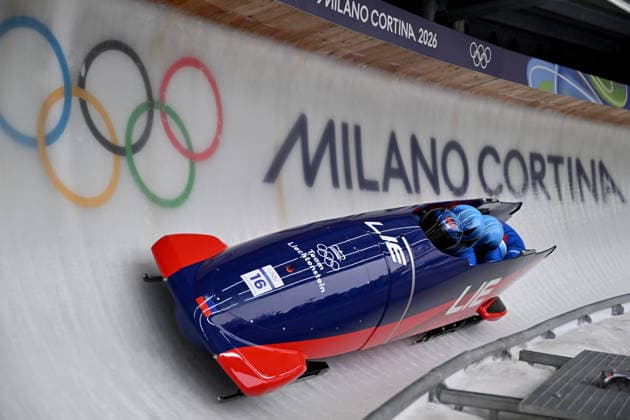 Cortina d Ampezzo, Italy, February 21th 2026. Kranz Martin, Mauro Buehler, Lorenz Lenherr, David Tschofen of Liechtenstein in action during the Bobsleight 4-man Heat 2 race of the Olympic Winter games, Winterspiele,Spiele, Summer games 2026 in Cortina d Ampezzo, Italy. (Photo by Igor Kupljenik Sports Press Photo)  Copyright: xIgorxKupljenikx xSPPx Sportspressphoto_SPR95507