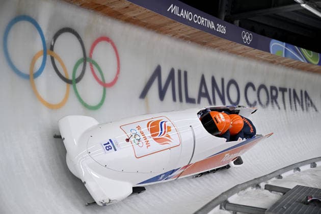 Cortina d Ampezzo, Italy, February 21th 2026. Dave Wesselink, Janko Franjic, Jelen Franjic, Timme Koster of Netherlands in action during the Bobsleight 4-man Heat 2 race of the Olympic Winter games, Winterspiele,Spiele, Summer games 2026 in Cortina d Ampezzo, Italy. (Photo by Igor Kupljenik Sports Press Photo)  Copyright: xIgorxKupljenikx xSPPx Sportspressphoto_SPR95508