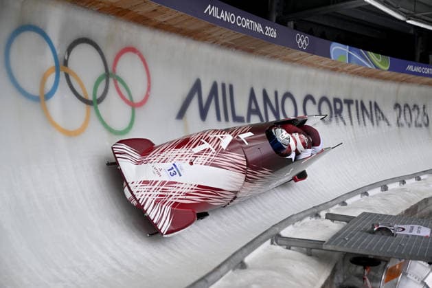 Cortina d Ampezzo, Italy, February 21th 2026. Jekabs Kalenda, Lauris Kaufmanis, Matiss Miknis, Mairis Klava of Latvia in action during the Bobsleight 4-man Heat 2 race of the Olympic Winter games, Winterspiele,Spiele, Summer games 2026 in Cortina d Ampezzo, Italy. (Photo by Igor Kupljenik Sports Press Photo)  Copyright: xIgorxKupljenikx xSPPx Sportspressphoto_SPR95516