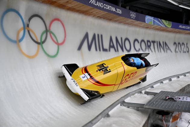 Cortina d Ampezzo, Italy, February 21th 2026. Ammour Adam, Ammour, Tasche, Schaller of Germany in action during the Bobsleight 4-man Heat 2 race of the Olympic Winter games, Winterspiele,Spiele, Summer games 2026 in Cortina d Ampezzo, Italy. (Photo by Igor Kupljenik Sports Press Photo)  Copyright: xIgorxKupljenikx xSPPx Sportspressphoto_SPR95522