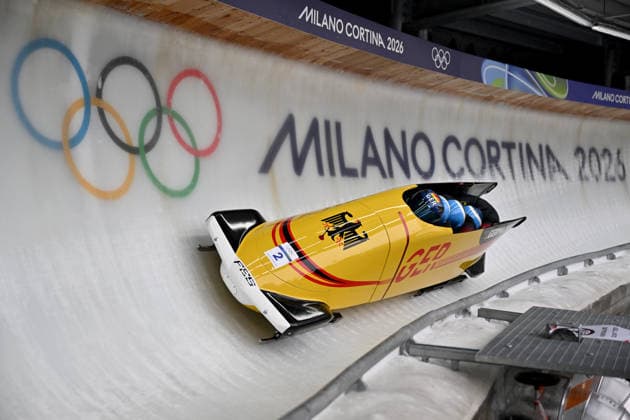 Cortina d Ampezzo, Italy, February 21th 2026. Francesco Friedrich, Matthias Sommer, Alexander Schuller, Felix Straub of Germany in action during the Bobsleight 4-man Heat 2 race of the Olympic Winter games, Winterspiele,Spiele, Summer games 2026 in Cortina d Ampezzo, Italy. (Photo by Igor Kupljenik Sports Press Photo)  Copyright: xIgorxKupljenikx xSPPx Sportspressphoto_SPR95524
