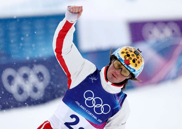 (260221) -- LIVIGNO, Feb. 21, 2026 -- Miha Fontaine of Canada reacts during the freestyle skiing mixed team aerials final 1 at the Milan-Cortina 2026 Olympic Winter games, Winterspiele,Spiele, Summer games in Livigno, Italy, Feb. 21, 2026. ) (MICO2026)ITALY-LIVIGNO-OLYMPIC WINTER GAMES-FREESTYLE SKIING-MIXED TEAM AERIALS-FINAL WangxPeng 