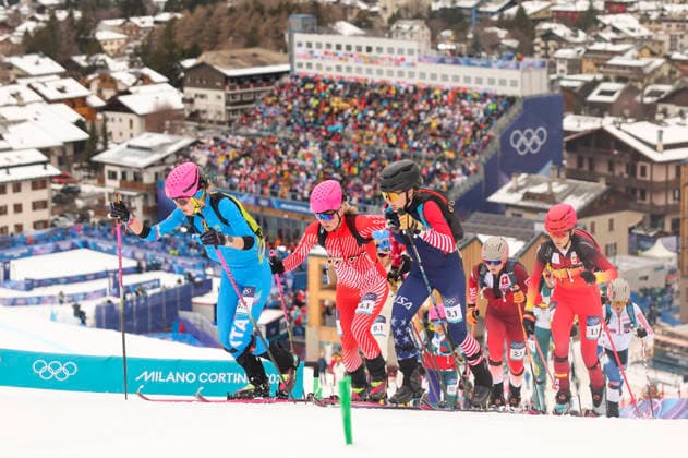 OLYMPICS - Winter Olympic Games, Olympische Spiele, Olympia, OS Milano Cortina 2026 BORMIO,ITALY,21.FEB.26 - OLYMPICS, SKI MOUNTAINEERING - Winter Olympic Games Milano Cortina 2026, Skicross, mixed relay, final. Image shows Alba de Silvestro (ITA), Johanna Hiemer (AUT), Anna Gibson (USA), Marianne Fatton (SUI) and Ana Alonso Rodriguez (ESP).  GEPAxpictures xHaraldxSteiner
