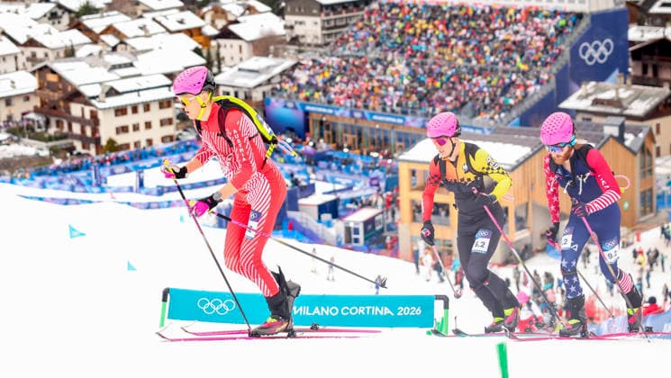 OLYMPICS - Winter Olympic Games, Olympische Spiele, Olympia, OS Milano Cortina 2026 BORMIO,ITALY,21.FEB.26 - OLYMPICS, SKI MOUNTAINEERING - Winter Olympic Games Milano Cortina 2026, Skicross, mixed relay, final. Image shows Paul Verbjnjak (AUT), Finn Hoesch (GER) and Cameron Smith (USA).  GEPAxpictures xHaraldxSteiner