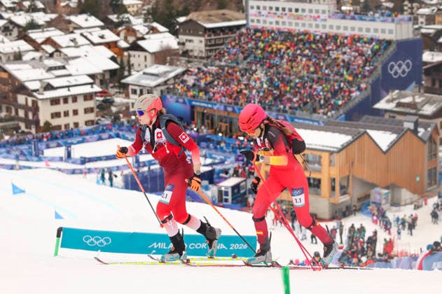 OLYMPICS - Winter Olympic Games, Olympische Spiele, Olympia, OS Milano Cortina 2026 BORMIO,ITALY,21.FEB.26 - OLYMPICS, SKI MOUNTAINEERING - Winter Olympic Games Milano Cortina 2026, Skicross, mixed relay, final. Image shows Marianne Fatton (SUI) and Ana Alonso Rodriguez (ESP).  GEPAxpictures xHaraldxSteiner