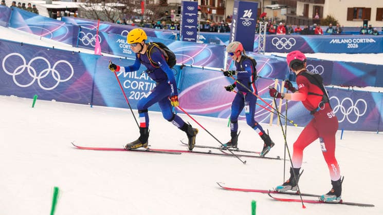 OLYMPICS - Winter Olympic Games, Olympische Spiele, Olympia, OS Milano Cortina 2026 BORMIO,ITALY,21.FEB.26 - OLYMPICS, SKI MOUNTAINEERING - Winter Olympic Games Milano Cortina 2026, Skicross, mixed relay, final. Image shows Thibault Anselmet, Emily Harrop (FRA) and Jon Kistler (SUI).  GEPAxpictures xHaraldxSteiner