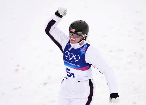 (260221) -- LIVIGNO, Feb. 21, 2026 -- Kaila Kuhn of the United States celebrates during the freestyle skiing mixed team aerials final 1 at the Milan-Cortina 2026 Olympic Winter games, Winterspiele,Spiele, Summer games in Livigno, Italy, Feb. 21, 2026. ) (MICO2026)ITALY-LIVIGNO-OLYMPIC WINTER GAMES-FREESTYLE SKIING-MIXED TEAM AERIALS-FINAL HuxChao 