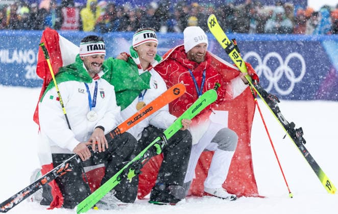OLYMPICS - Winter Olympic Games, Olympische Spiele, Olympia, OS Milano Cortina 2026 LIVIGNO,ITALY,21.FEB.26 - OLYMPICS, FREE SKI, FREESTYLE SKIING - Winter Olympic Games Milano Cortina 2026, Skicross, men, final, medal ceremony. Image shows Federico Tomasoni (ITA), Simone Deromedis (ITA) and Alex Fiva (SUI). Keywords: medal.  GEPAxpictures xWolfgangxGrebien