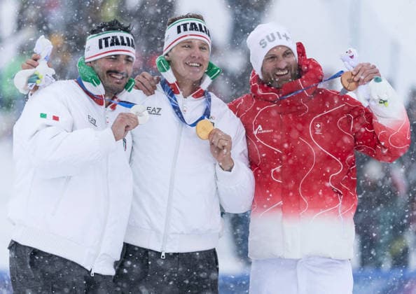 OLYMPICS - Winter Olympic Games, Olympische Spiele, Olympia, OS Milano Cortina 2026 LIVIGNO,ITALY,21.FEB.26 - OLYMPICS, FREE SKI, FREESTYLE SKIING - Winter Olympic Games Milano Cortina 2026, Skicross, men, final, medal ceremony. Image shows Federico Tomasoni (ITA), Simone Deromedis (ITA) and Alex Fiva (SUI). Keywords: medal.  GEPAxpictures xWolfgangxGrebien