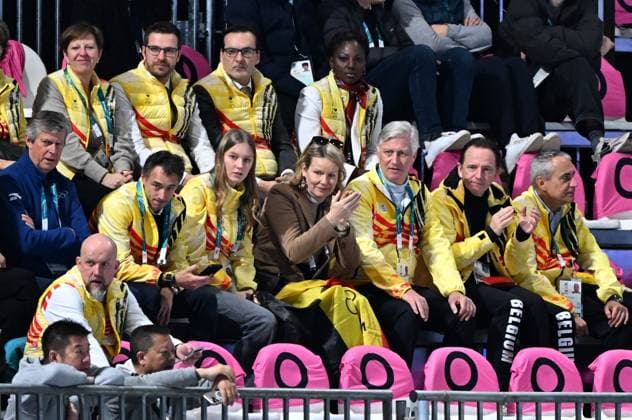 BOIC-COIB chef de mission Olav Spahl, BOIC-COIB CEO Cedric Van Branteghem, Princess Eleonore, Queen Mathilde of Belgium, King Philippe - Filip of Belgium and BOIC-COIB president Jean-Michel Saive pictured during the semifinals of the mass start men Speed skating, Eisschnelllauf at the Milano Cortina 2026 Olympic Winter games, Winterspiele,Spiele, Summer games on Saturday 21 February 2026 in Milan, Italy. The XXV Winter Olympics take place from 6 to 22 February 2026 in Italy. JASPERxJACOBS  x164413967x