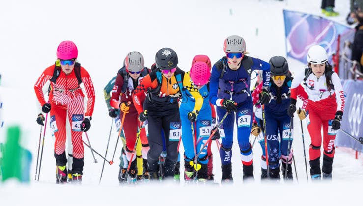 OLYMPICS - Winter Olympic Games, Olympische Spiele, Olympia, OS Milano Cortina 2026 BORMIO,ITALY,21.FEB.26 - OLYMPICS, SKI MOUNTAINEERING - Winter Olympic Games Milano Cortina 2026, Skicross, mixed relay, final. Image shows Johanna Hiemer (AUT), Tatjana Paller (GER), Emily Harrop (FRA) and Iwona Januszyk (POL).  GEPAxpictures xHaraldxSteiner